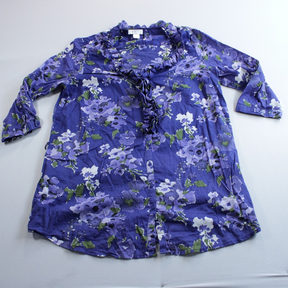 Ann Taylor Loft Petites Purple Floral Ruffle Button Down Blouse LP Contemporary